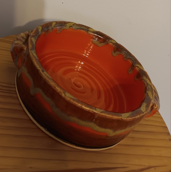 Art Pottery Orange & Brown/Tan Drip glaze dog or car bowl /soup turrine - Picture 1 of 5